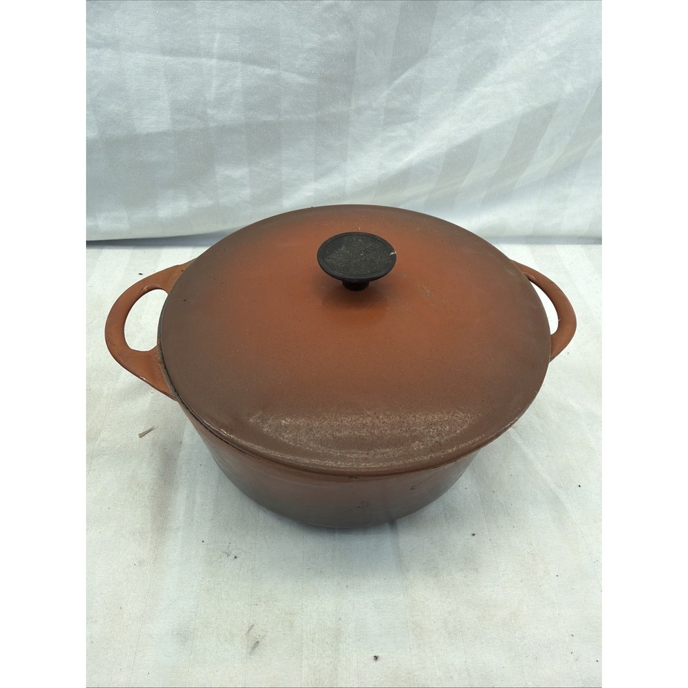 Vintage COUSANCES Orange Enamel Cast Iron Dutch Oven Number 22